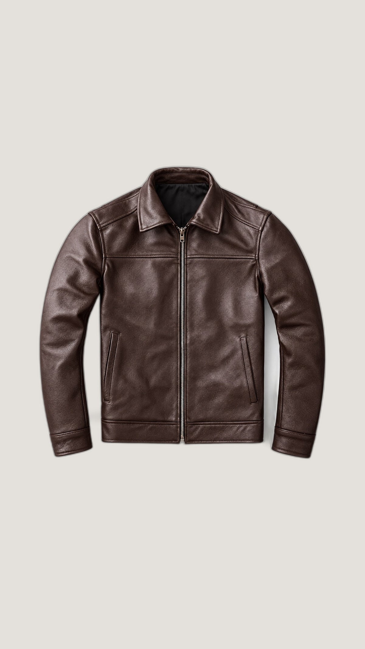 Dark Brown Classic-Collar Cowhide Jacket — 100% Genuine Leather