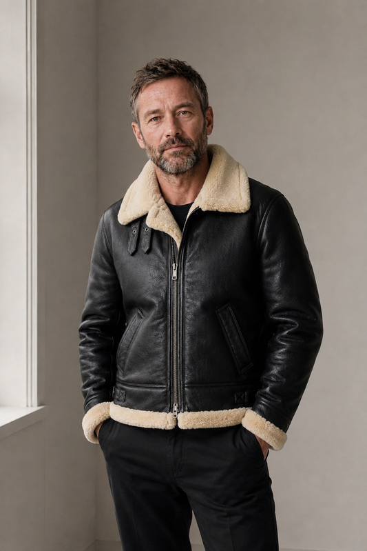 Mature British model wearing the black B-3 shearling flight jacket