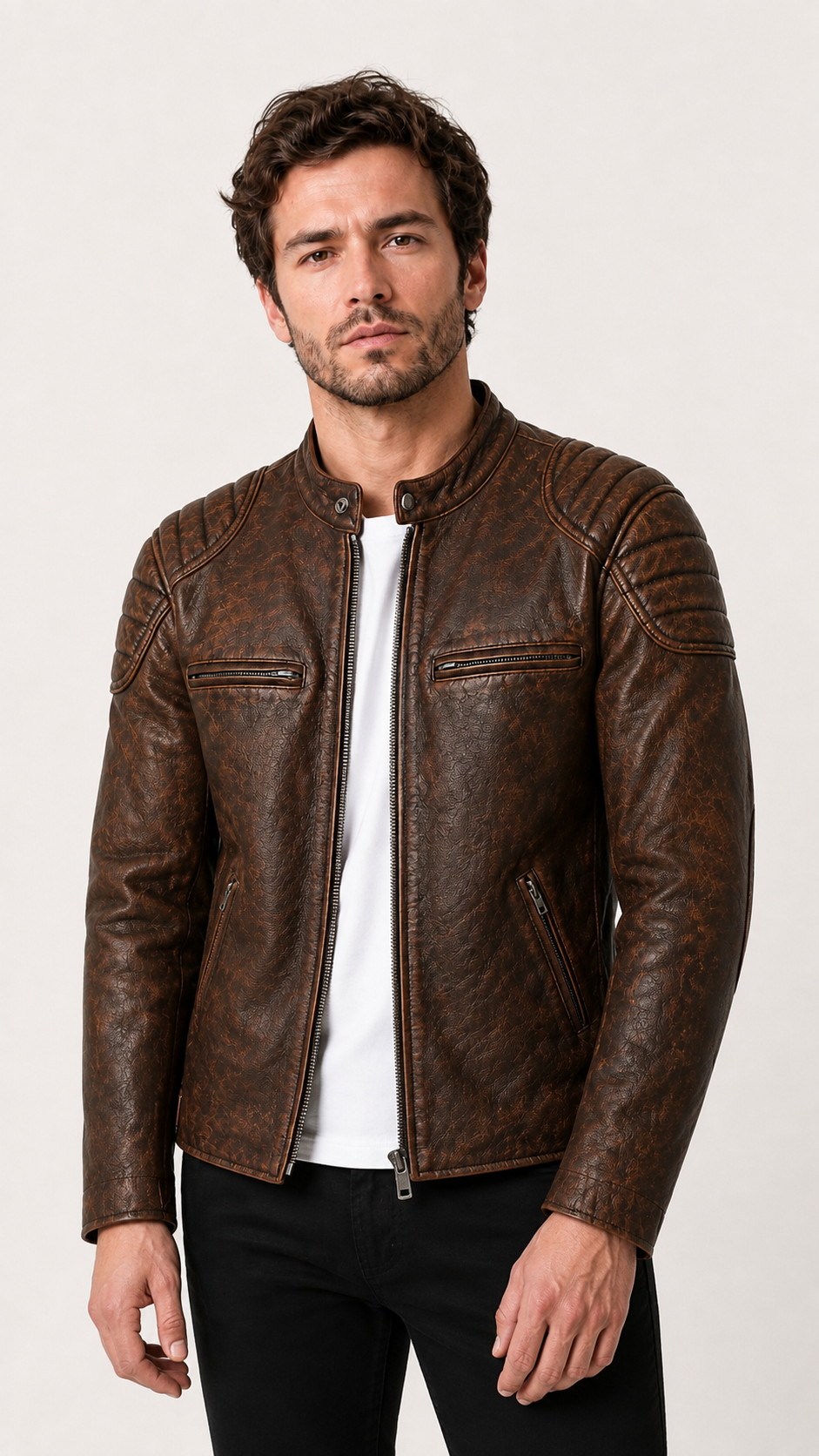 Man standing in the distressed brown leather biker jacket — British model