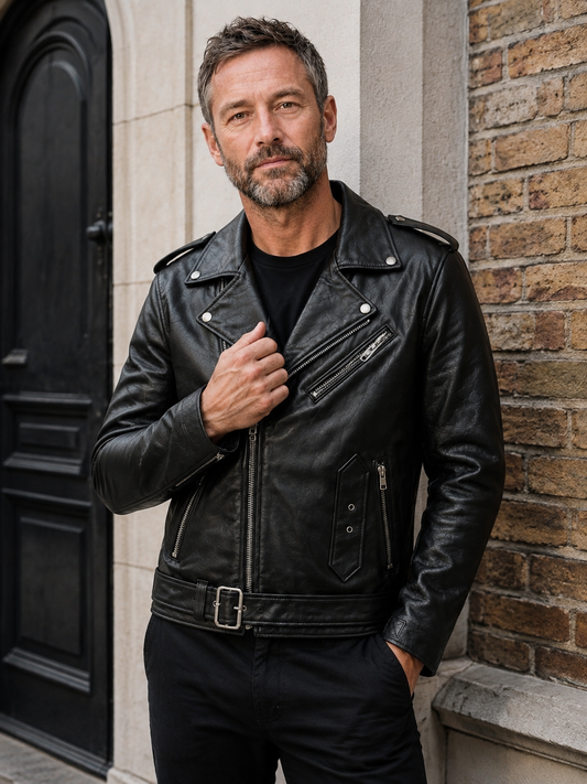 Mature British model wearing the black double rider biker jacket