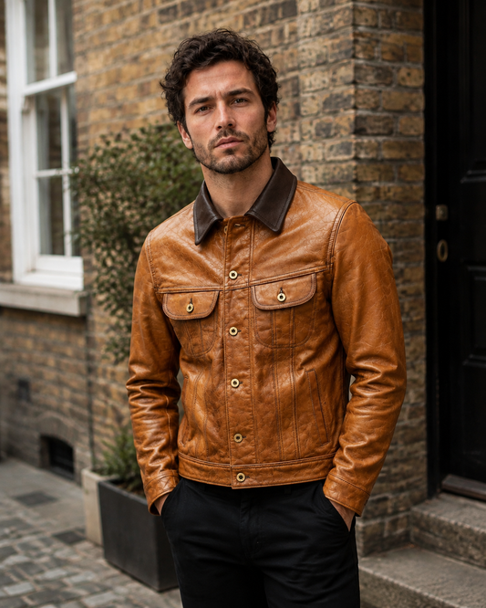 Younger British model wearing the tan goatskin storm rider jacket