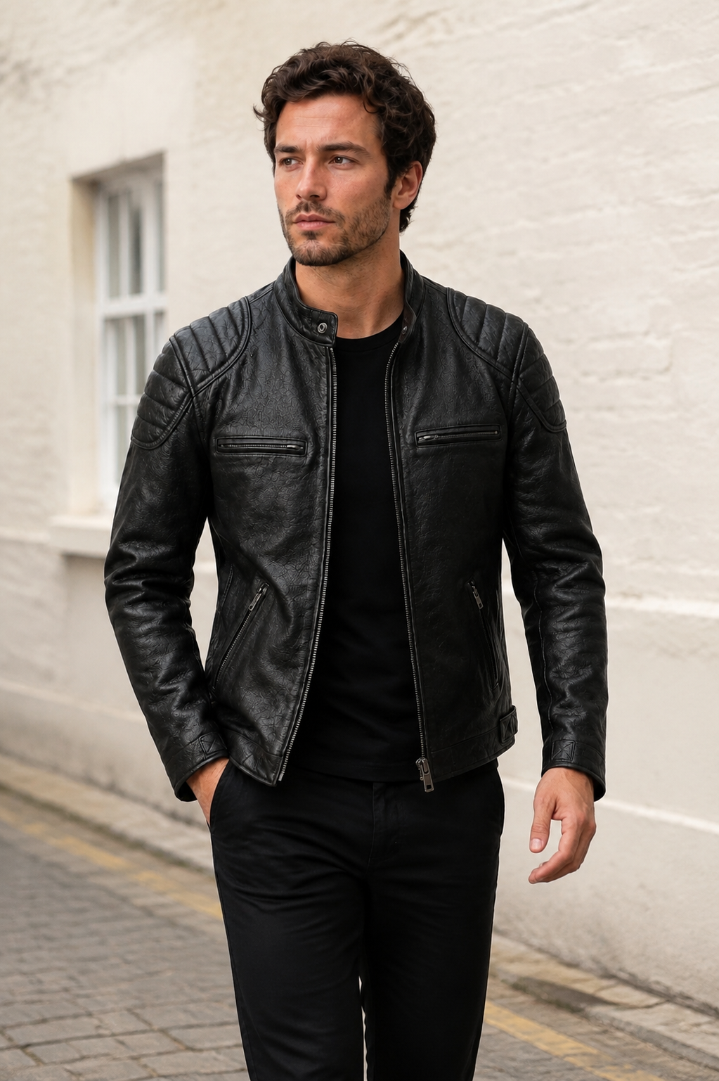 Younger British model wearing the black vintage leather biker jacket