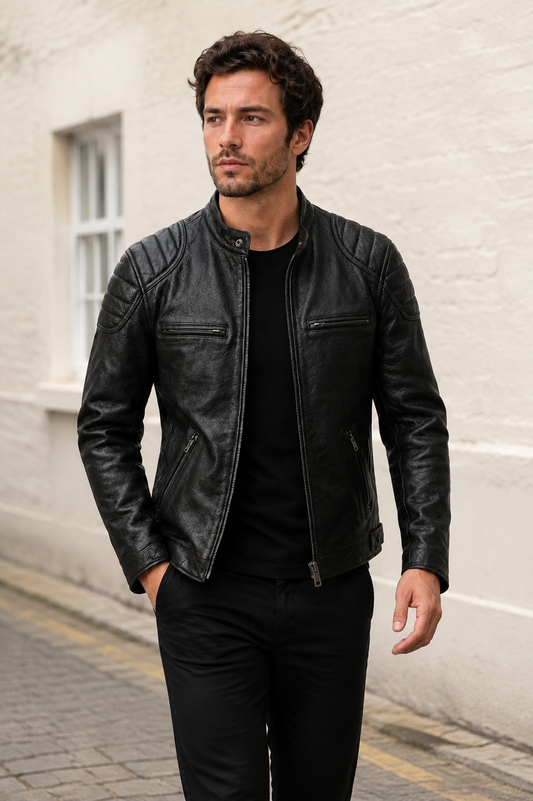 Younger British model wearing the black vintage leather biker jacket
